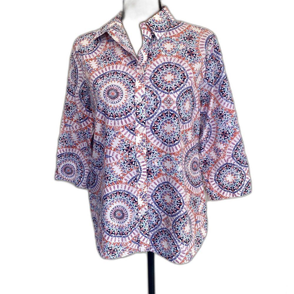 Chico's No Iron Mandala Print‎ Button Up 3/4 Sleeve Multicolor Size Small (0)